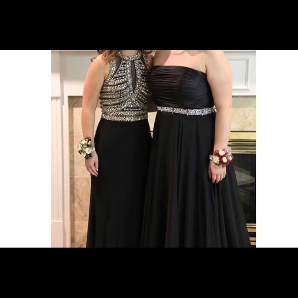 SHERRI HILL BLACK GOWN WITH BEDAZZLED STRAP